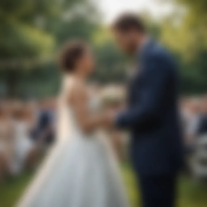 A couple sharing a moment at an outdoor wedding with guests in attendance