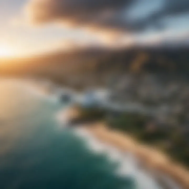 An aerial shot of an airplane flying over the Pacific Ocean towards Honolulu