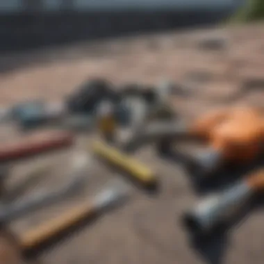 A collection of tools laid out for DIY roof repair.