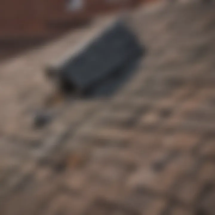 A homeowner inspecting shingles on a roof for potential damage.