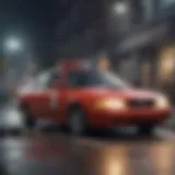 A car parked at the scene of an accident with emergency lights flashing.