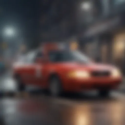 A car parked at the scene of an accident with emergency lights flashing.