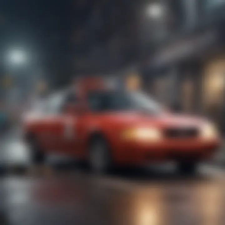 A car parked at the scene of an accident with emergency lights flashing.