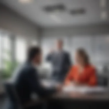An insurance agent discussing details with a client in an office.