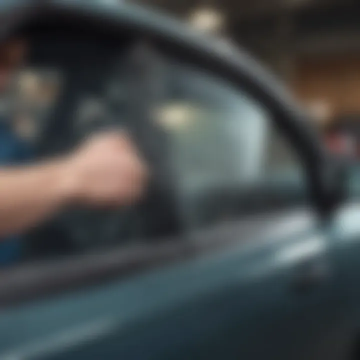 A close-up view of a car window being repaired by a professional technician with specialized tools.