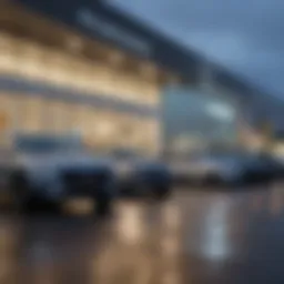 Exterior view of a modern used car dealership